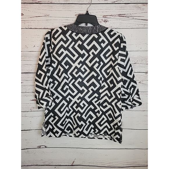 Carole Little Black Embellished Split Neck Linen 3/4 Sleeve Top Womens Sz Medium - Picture 2 of 10